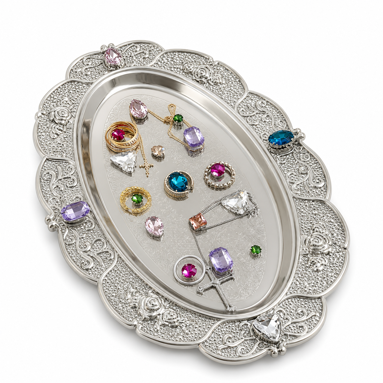 Vintage Crystal Jewelry Tray – Aesthetic Ring & Necklace Organizer